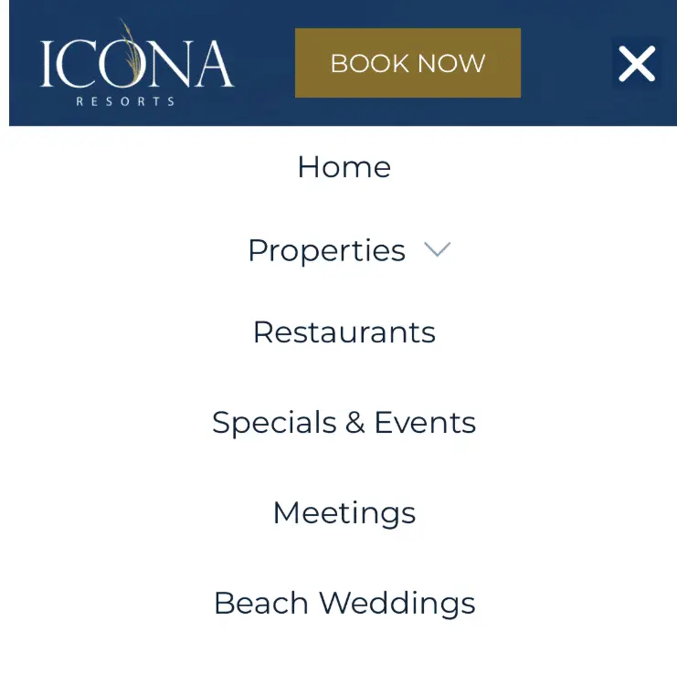 ICONA Resorts' website navigation and call-to-action buttons are displayed on a mobile screen.